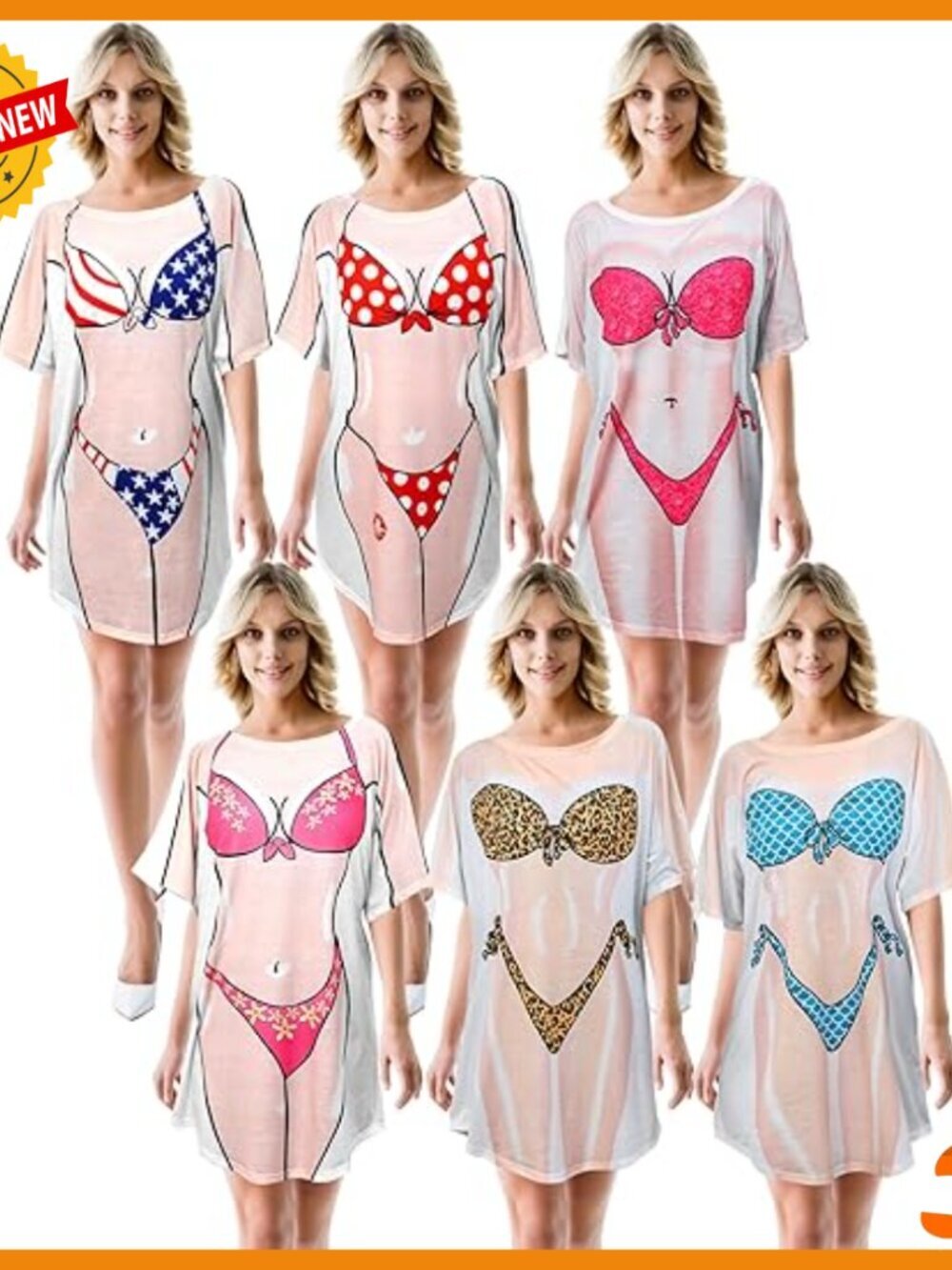6 Pack Cotton Short Sleeve Bikini Cover Up Dress Baggy T-Shirt Medium